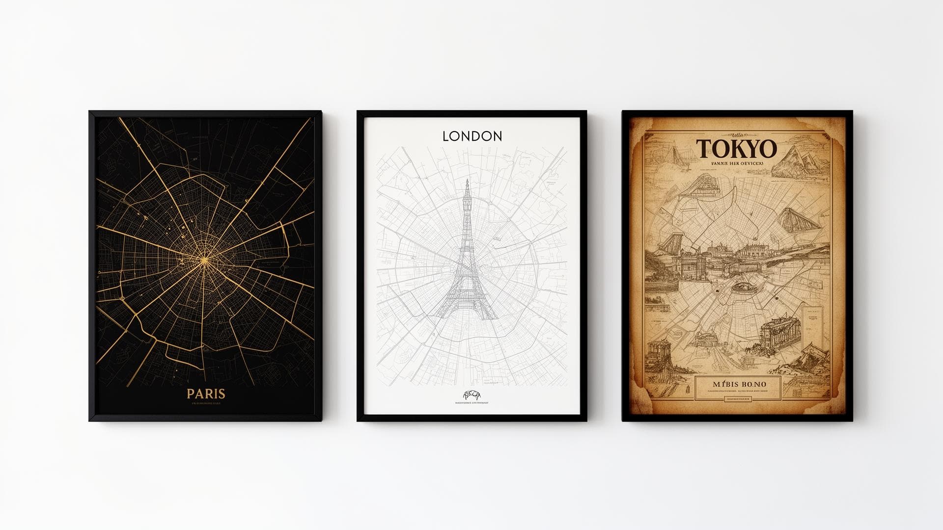 Three different map poster styles — Paris, London, Tokyo